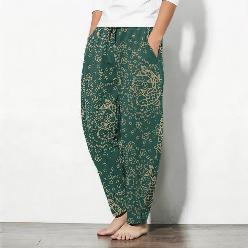 Buddha Stones Pure Cotton Golden Koi Fish Floral Pattern Drawstring Men's Tapered Pants With Pockets - image 12