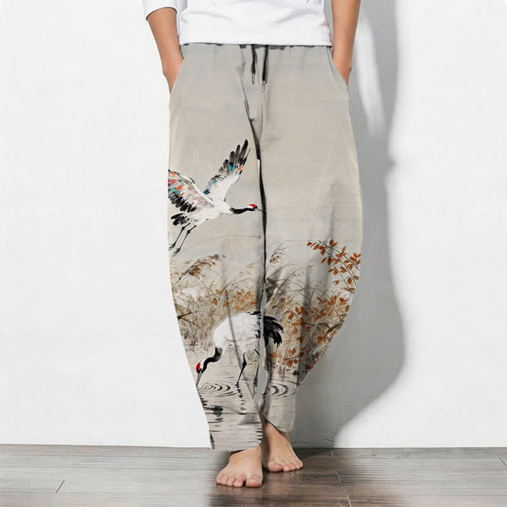 Buddha Stones Pure Cotton Ink Wash Crane Reeds Pattern Drawstring Men's Tapered Pants With Pockets - Beige - US/UK/AU50，EU60 (5XL) - image 0