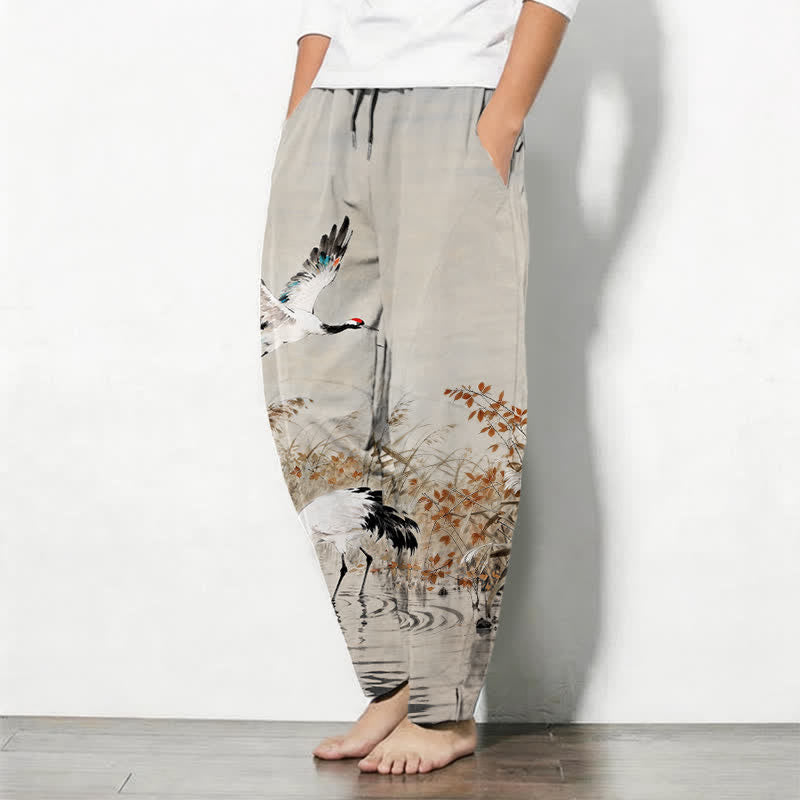Buddha Stones Pure Cotton Ink Wash Crane Reeds Pattern Drawstring Men's Tapered Pants With Pockets - image 1