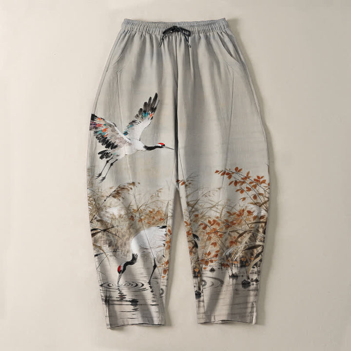 Buddha Stones Pure Cotton Ink Wash Crane Reeds Pattern Drawstring Men's Tapered Pants With Pockets - image 2