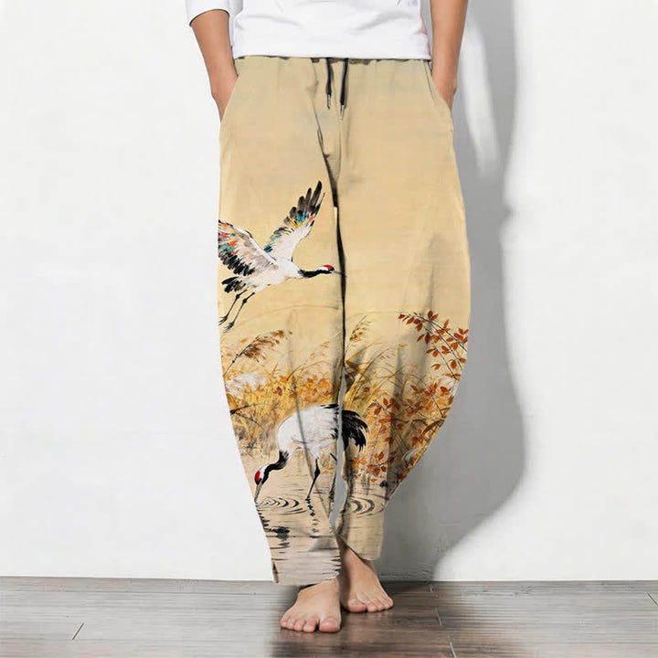 Buddha Stones Pure Cotton Ink Wash Crane Reeds Pattern Drawstring Men's Tapered Pants With Pockets - Wheat - US/UK/AU50，EU60 (5XL) - image 7