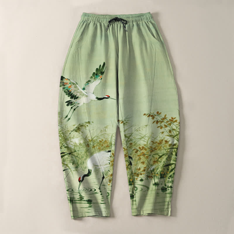 Buddha Stones Pure Cotton Ink Wash Crane Reeds Pattern Drawstring Men's Tapered Pants With Pockets - image 16