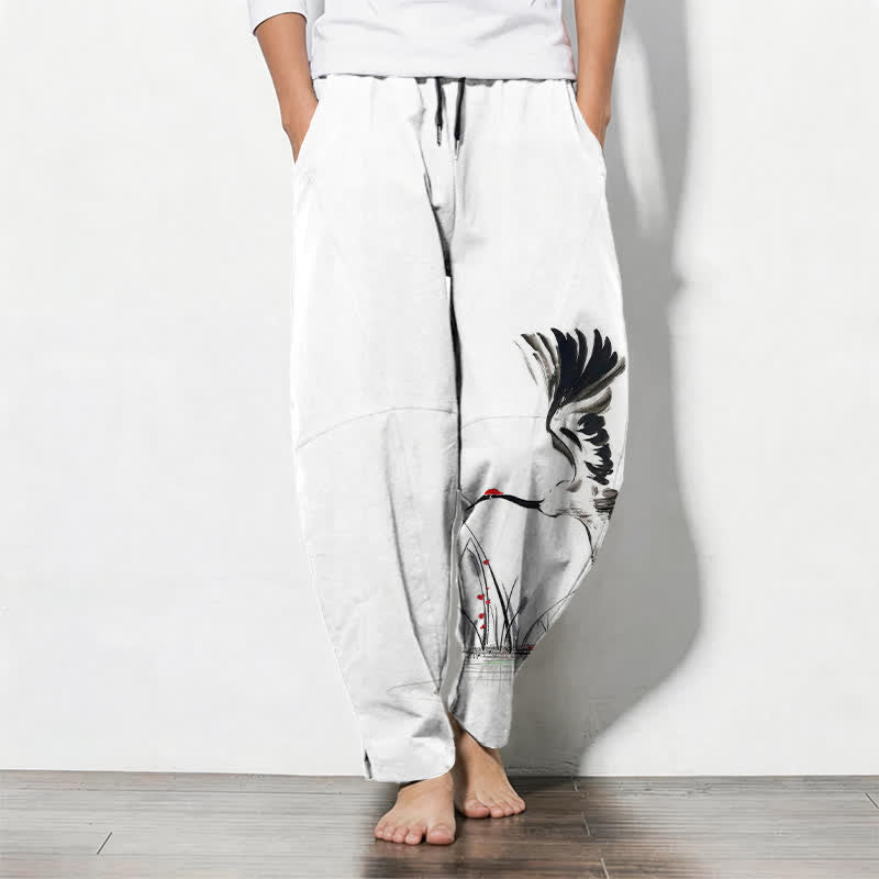 Buddha Stones Pure Cotton Ink Crane Reed Pattern Drawstring Men's Tapered Pants With Pockets - White - US/UK/AU50，EU60 (5XL) - image 0
