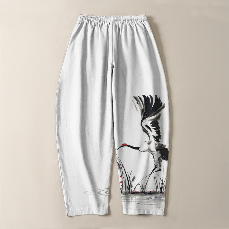 Buddha Stones Pure Cotton Ink Crane Reed Pattern Drawstring Men's Tapered Pants With Pockets - image 3