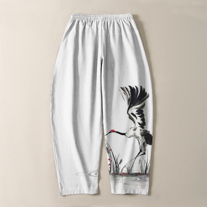 Buddha Stones Pure Cotton Ink Crane Reed Pattern Drawstring Men's Tapered Pants With Pockets - image 3