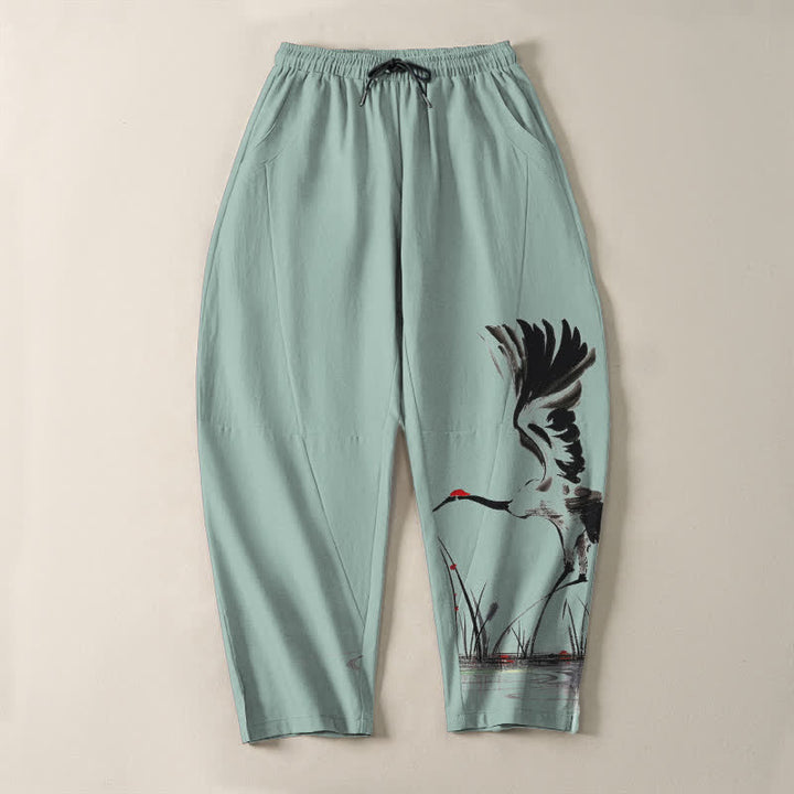 Buddha Stones Pure Cotton Ink Crane Reed Pattern Drawstring Men's Tapered Pants With Pockets - image 9