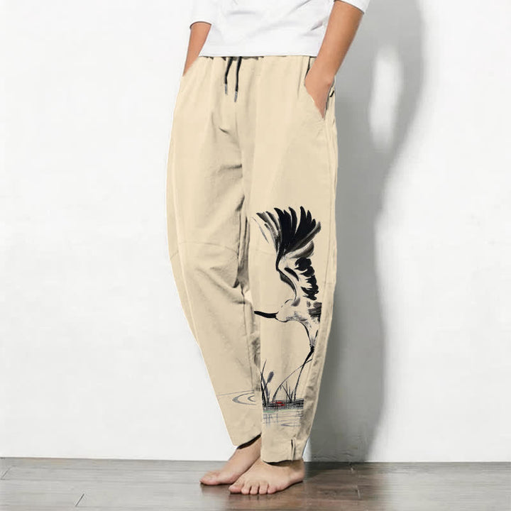 Buddha Stones Pure Cotton Ink Crane Reed Pattern Drawstring Men's Tapered Pants With Pockets - image 12