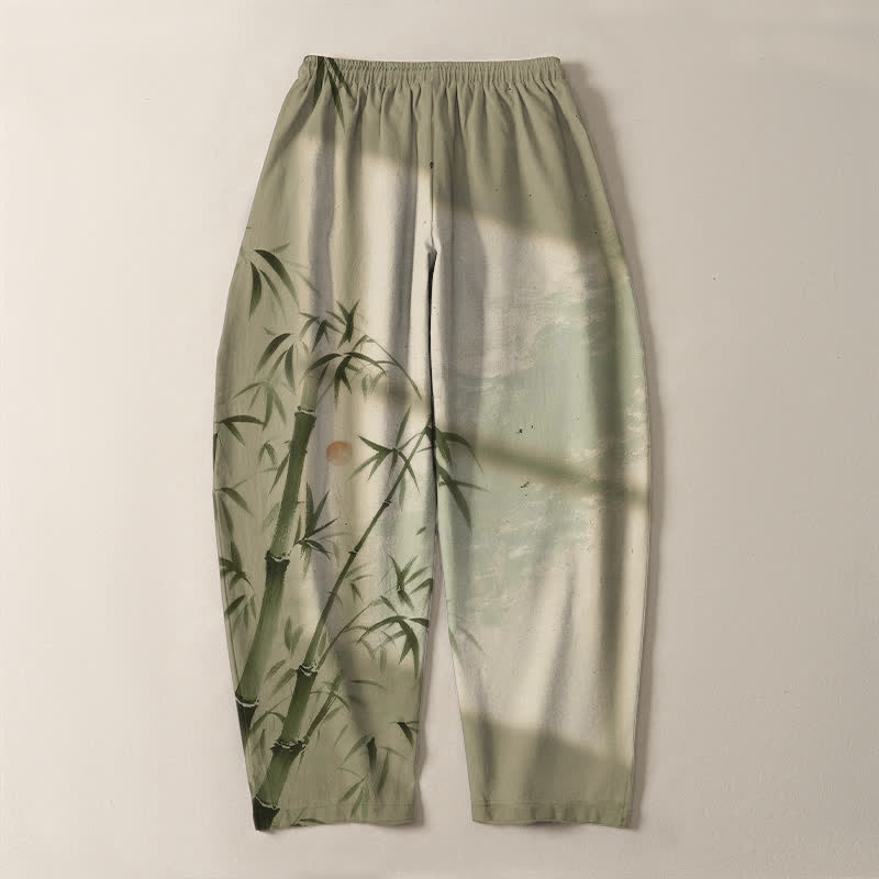 Buddha Stones Pure Cotton Ink Bamboo Pattern Drawstring Men's Tapered Pants With Pockets - image 14