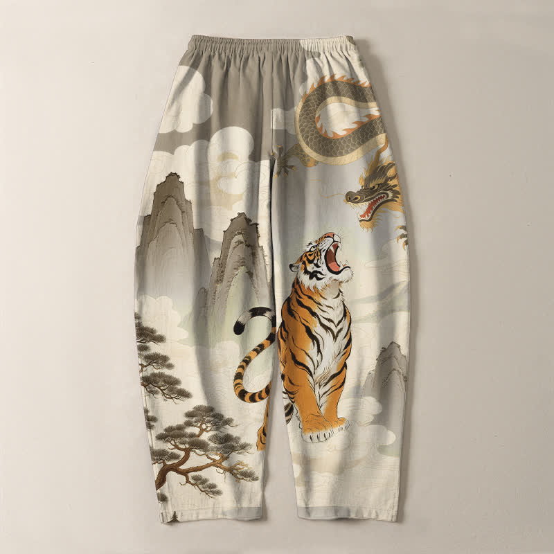 Buddha Stones Pure Cotton Tiger Dragon Landscape Pattern Drawstring Men's Tapered Pants With Pockets - image 3