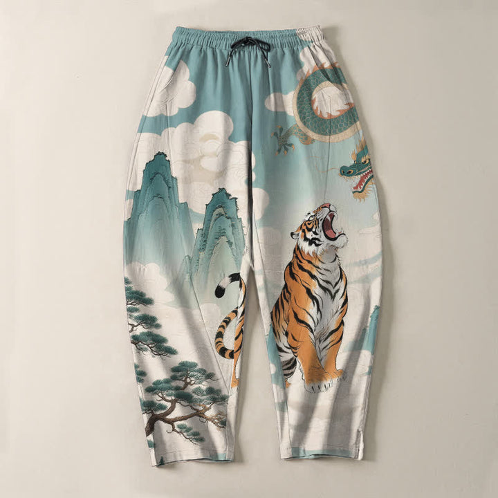 Buddha Stones Pure Cotton Tiger Dragon Landscape Pattern Drawstring Men's Tapered Pants With Pockets - image 9