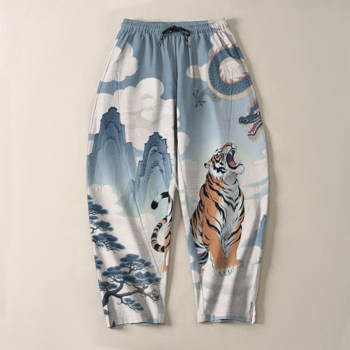 Buddha Stones Pure Cotton Tiger Dragon Landscape Pattern Drawstring Men's Tapered Pants With Pockets - image 16