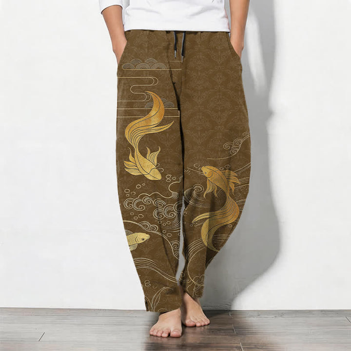Buddha Stones Pure Cotton Golden Koi Fish Wave Pattern Drawstring Men's Tapered Pants With Pockets - SaddleBrown - US/UK/AU50，EU60 (5XL) - image 7