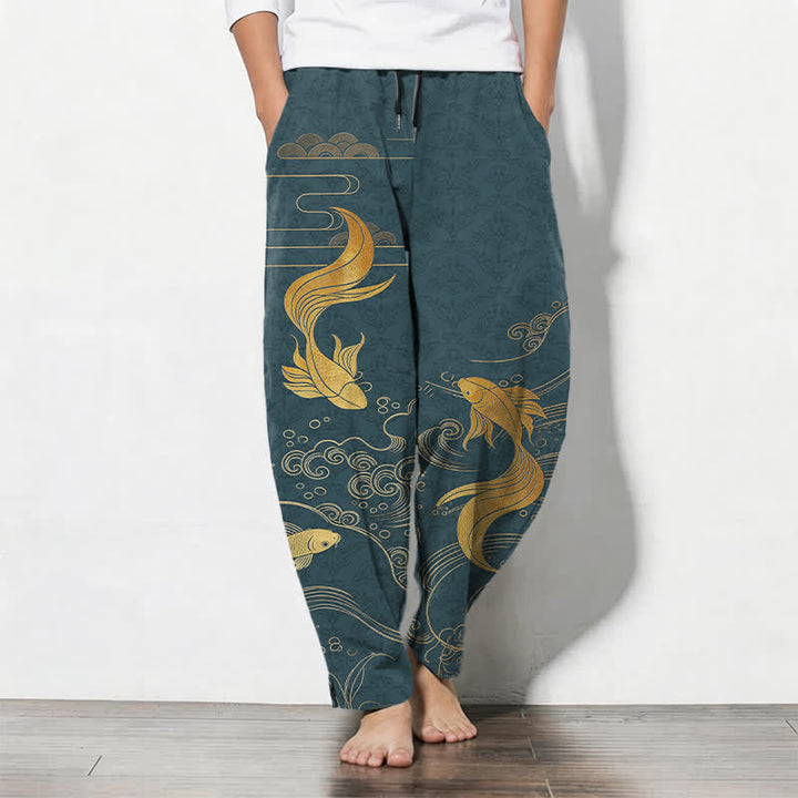 Buddha Stones Pure Cotton Golden Koi Fish Wave Pattern Drawstring Men's Tapered Pants With Pockets - Teal - US/UK/AU50，EU60 (5XL) - image 11