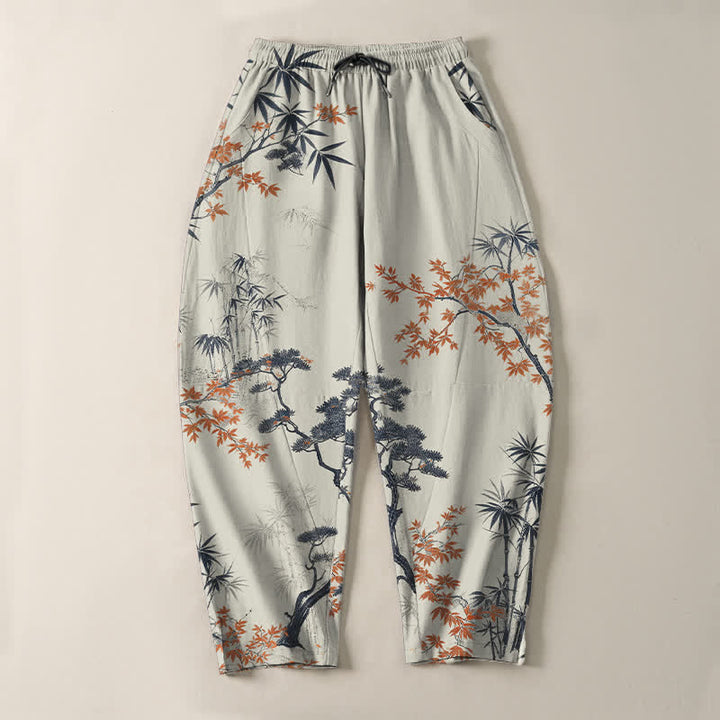 Buddha Stones Pure Cotton Maple Bamboo Pine Pattern Drawstring Men's Tapered Pants With Pockets - image 2