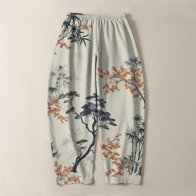 Buddha Stones Pure Cotton Maple Bamboo Pine Pattern Drawstring Men's Tapered Pants With Pockets - image 3