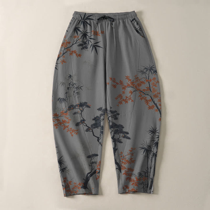 Buddha Stones Pure Cotton Maple Bamboo Pine Pattern Drawstring Men's Tapered Pants With Pockets - image 9
