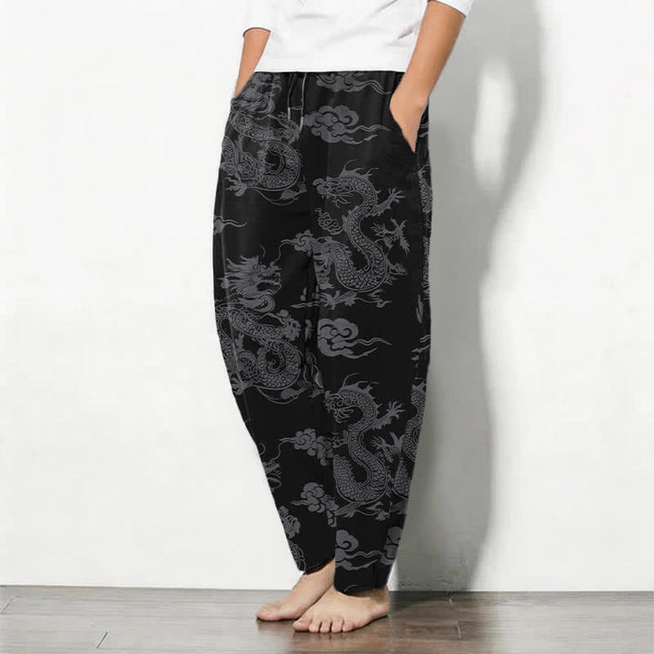 Buddha Stones Pure Cotton Dark Dragon Cloud Pattern Drawstring Men's Tapered Pants With Pockets - image 1