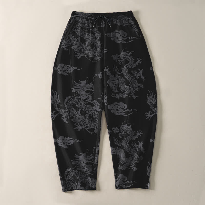 Buddha Stones Pure Cotton Dark Dragon Cloud Pattern Drawstring Men's Tapered Pants With Pockets - image 2