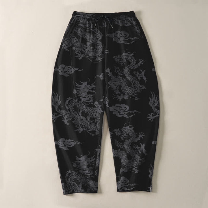 Buddha Stones Pure Cotton Dark Dragon Cloud Pattern Drawstring Men's Tapered Pants With Pockets - image 2