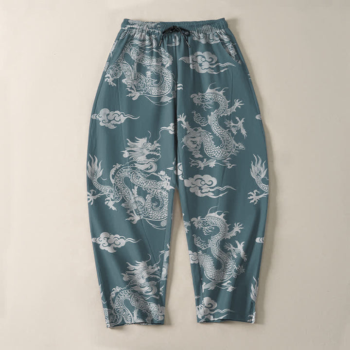 Buddha Stones Pure Cotton Dark Dragon Cloud Pattern Drawstring Men's Tapered Pants With Pockets - image 9