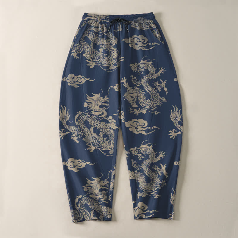 Buddha Stones Pure Cotton Dark Dragon Cloud Pattern Drawstring Men's Tapered Pants With Pockets - image 13