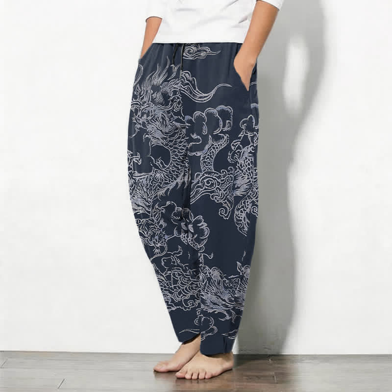 Buddha Stones Pure Cotton Dragon Cloud Pattern Drawstring Men's Tapered Pants With Pockets - image 1