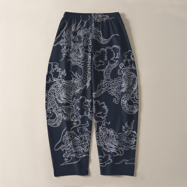 Buddha Stones Pure Cotton Dragon Cloud Pattern Drawstring Men's Tapered Pants With Pockets - image 3