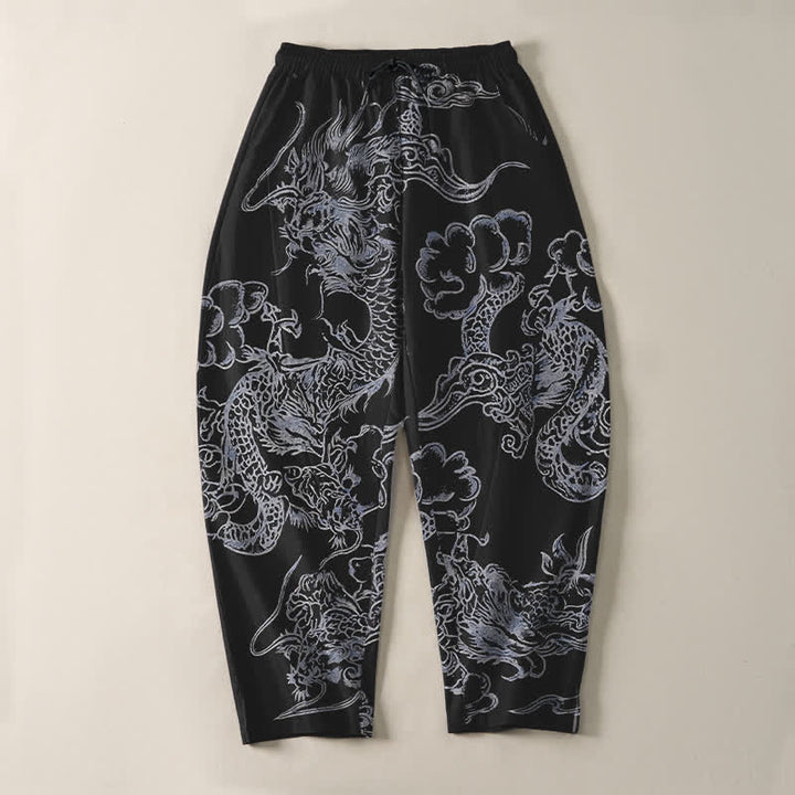 Buddha Stones Pure Cotton Dragon Cloud Pattern Drawstring Men's Tapered Pants With Pockets - image 13