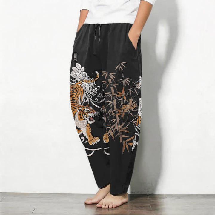 Buddha Stones Pure Cotton Roaring Tiger Bamboo Pattern Drawstring Men's Tapered Pants With Pockets - image 12