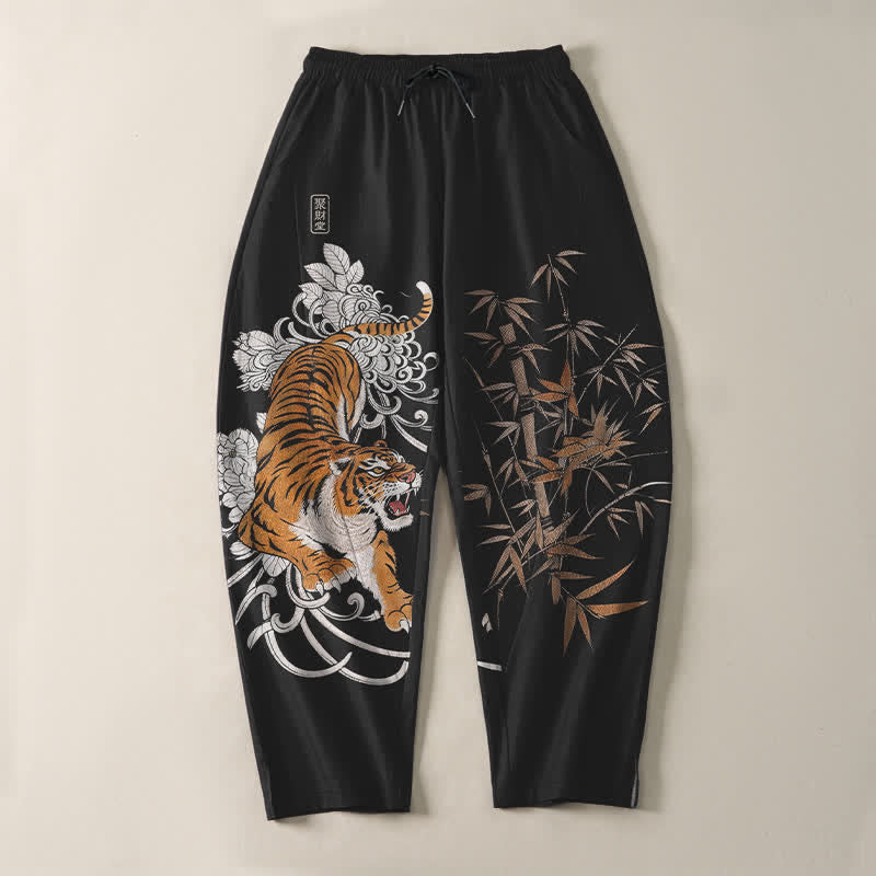 Buddha Stones Pure Cotton Roaring Tiger Bamboo Pattern Drawstring Men's Tapered Pants With Pockets - image 13
