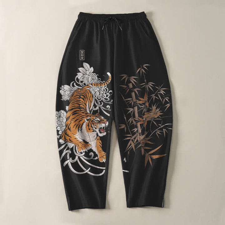 Buddha Stones Pure Cotton Roaring Tiger Bamboo Pattern Drawstring Men's Tapered Pants With Pockets - image 13