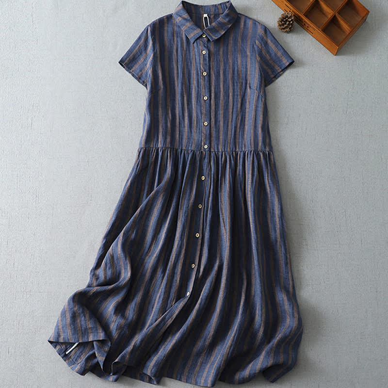 Buddha Stones Summer Casual Vintage Button-Up Striped Women's Short Sleeve Dresses With Pocket - Navy - US12, UK/AU16, EU44 (2XL) - image 0