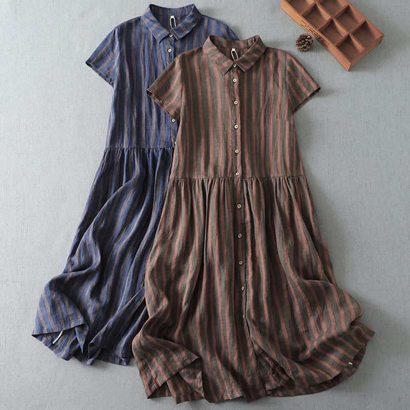 Buddha Stones Summer Casual Vintage Button-Up Striped Women's Short Sleeve Dresses With Pocket - image 15