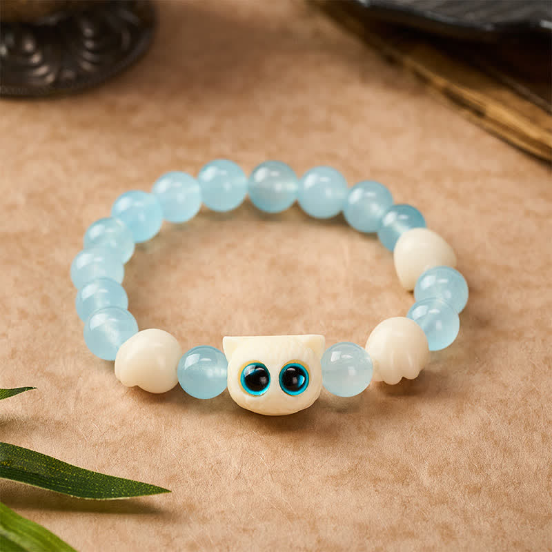 Buddha Stones Blue Chalcedony Hand Carved Cat Purity Bead Bracelet - Blue-eyed Cat (Wrist Circumference: 16–17 cm) - Blue Chalcedony (Creative ♥ Optimism) - image 0
