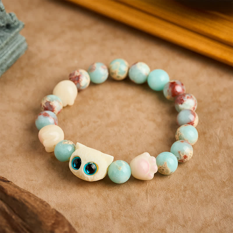 Buddha Stones Shoushan Stone Hand-Carved Cat Purity Relief Bead Bracelet - image 1