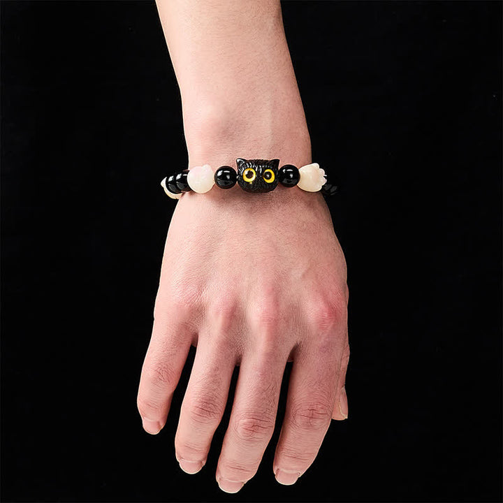 Buddha Stones Hand Carved Black Obsidian Yellow Eye Cat Head Grounding Bead Bracelet - image 6