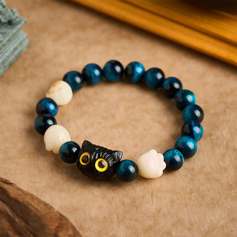 Buddha Stones Blue Tiger Eye Cute Hand-Carved Cat Grounding Bead Bracelet - Blue Tiger Eye (Protection ♥ Balance) (Wrist Circumference: 16–17 cm) - image 0