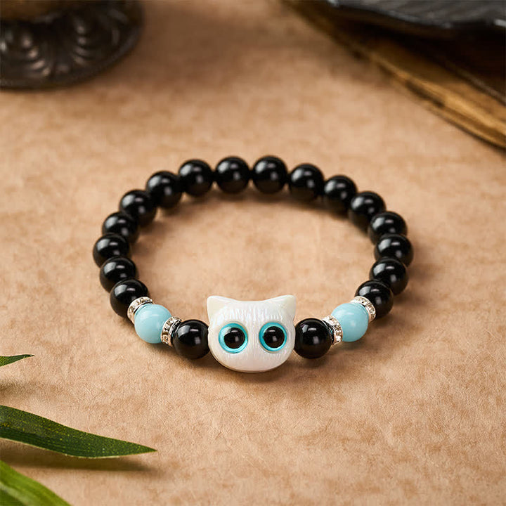Buddha Stones Black Obsidian Cute Big Eye Cat Protection Beaded Bracelet - image 2
