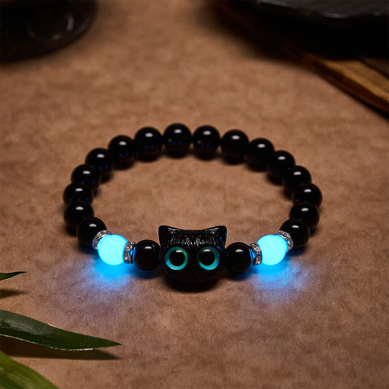 Buddha Stones Black Obsidian Cute Big Eye Cat Protection Beaded Bracelet - Black Cat (Wrist Circumference: 15–16 cm) - image 13