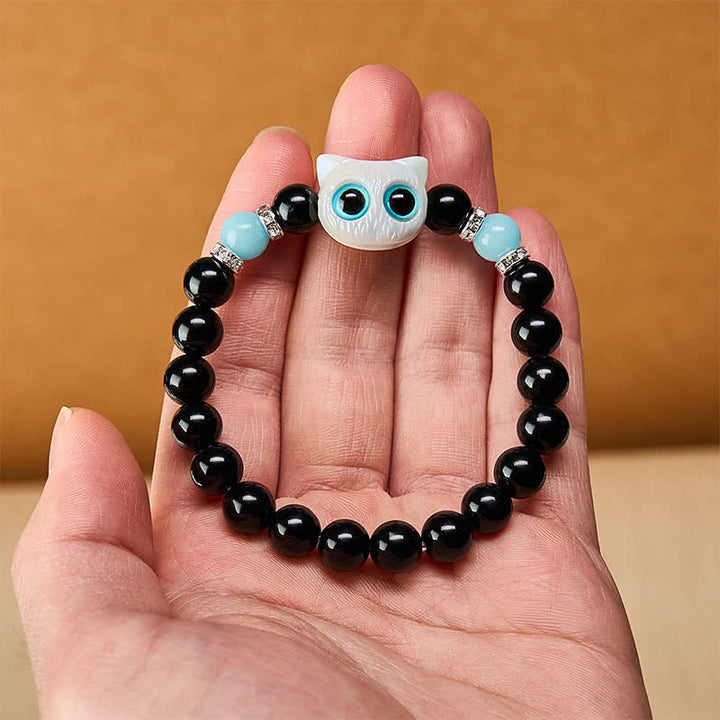 Buddha Stones Black Obsidian Cute Big Eye Cat Protection Beaded Bracelet - image 9