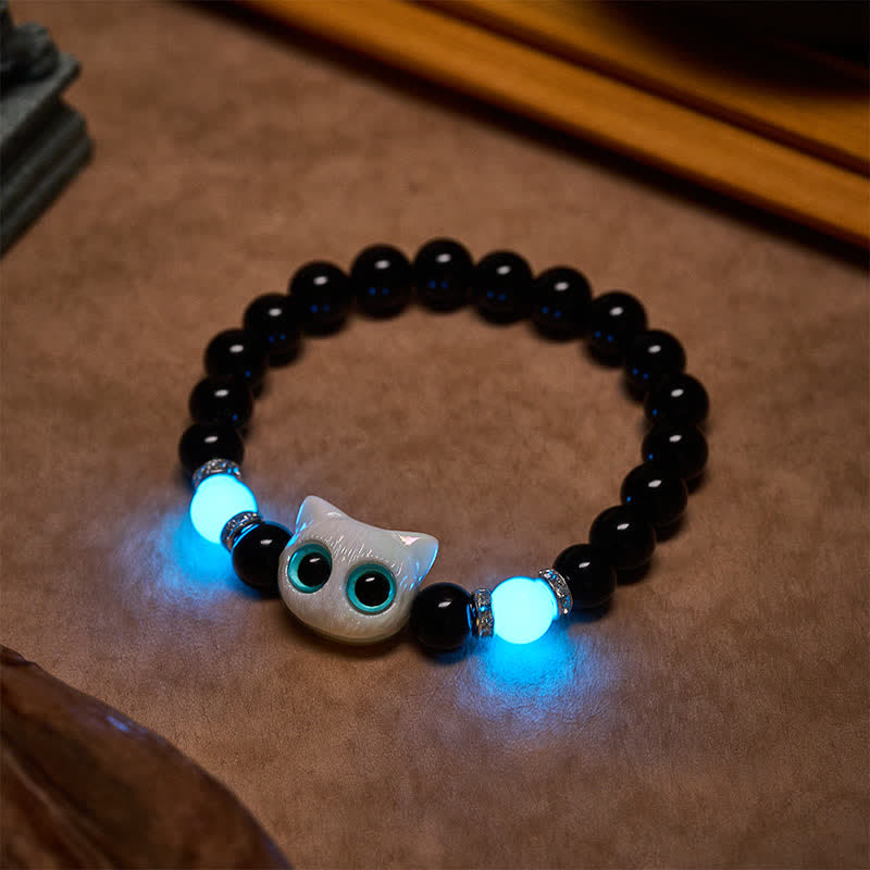 Buddha Stones Black Obsidian Cute Big Eye Cat Protection Beaded Bracelet - image 4