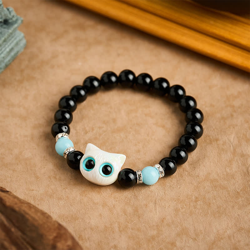 Buddha Stones Black Obsidian Cute Big Eye Cat Protection Beaded Bracelet - image 7