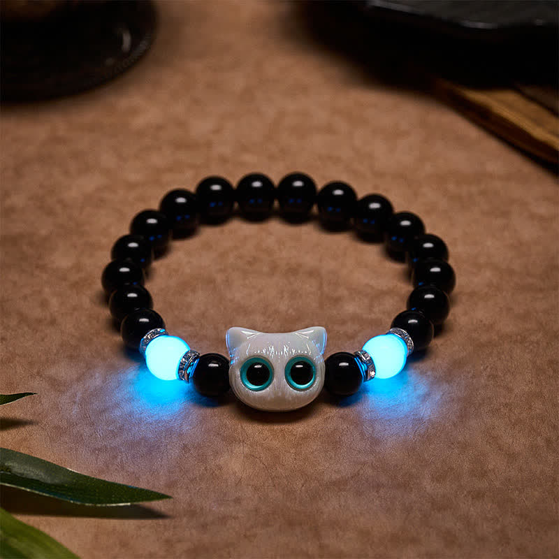Buddha Stones Black Obsidian Cute Big Eye Cat Protection Beaded Bracelet - White Cat (Wrist Circumference: 15–16 cm) - image 0