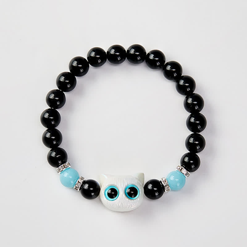 Buddha Stones Black Obsidian Cute Big Eye Cat Protection Beaded Bracelet - image 10