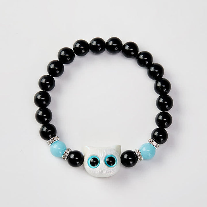 Buddha Stones Black Obsidian Cute Big Eye Cat Protection Beaded Bracelet - image 10