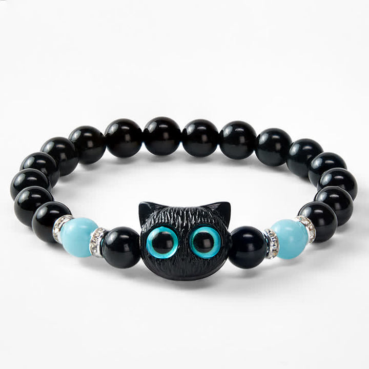 Buddha Stones Black Obsidian Cute Big Eye Cat Protection Beaded Bracelet - image 21