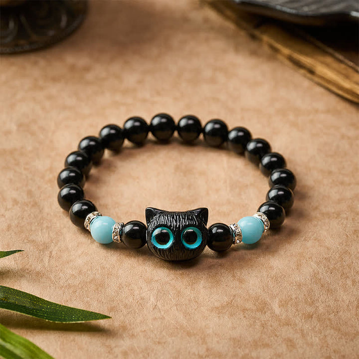 Buddha Stones Black Obsidian Cute Big Eye Cat Protection Beaded Bracelet - image 13