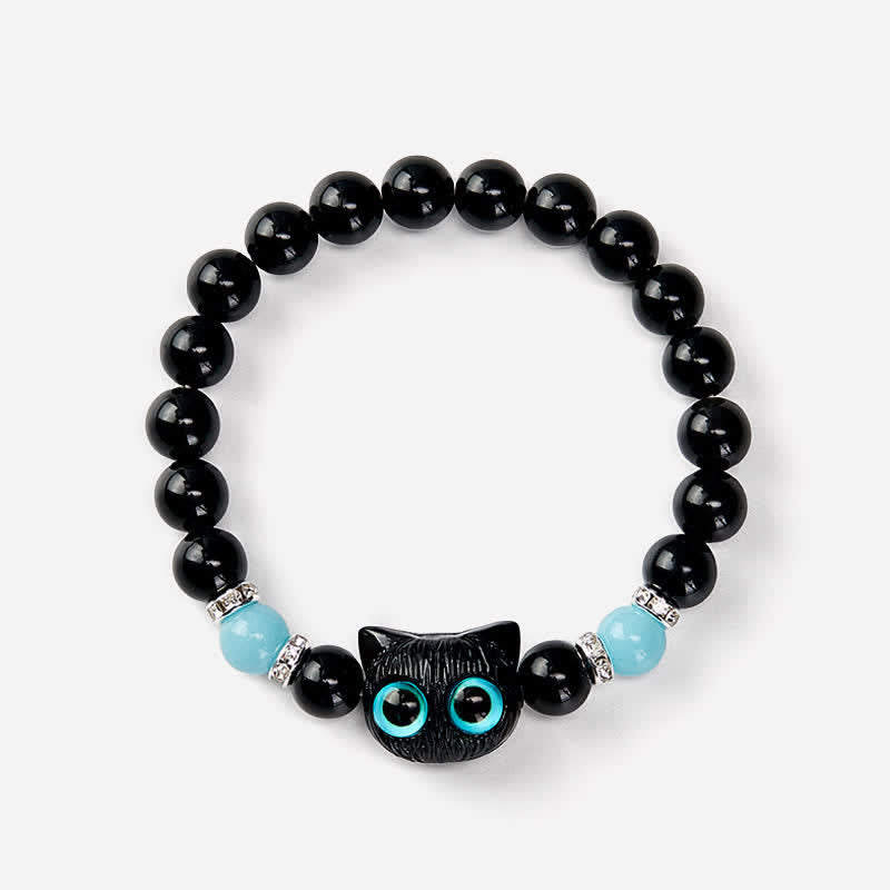 Buddha Stones Black Obsidian Cute Big Eye Cat Protection Beaded Bracelet - image 20