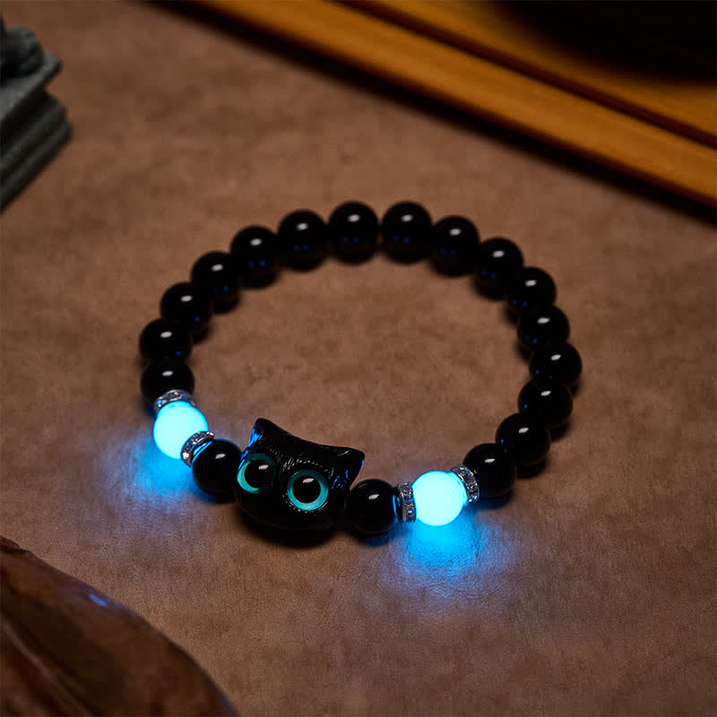 Buddha Stones Black Obsidian Cute Big Eye Cat Protection Beaded Bracelet - image 15