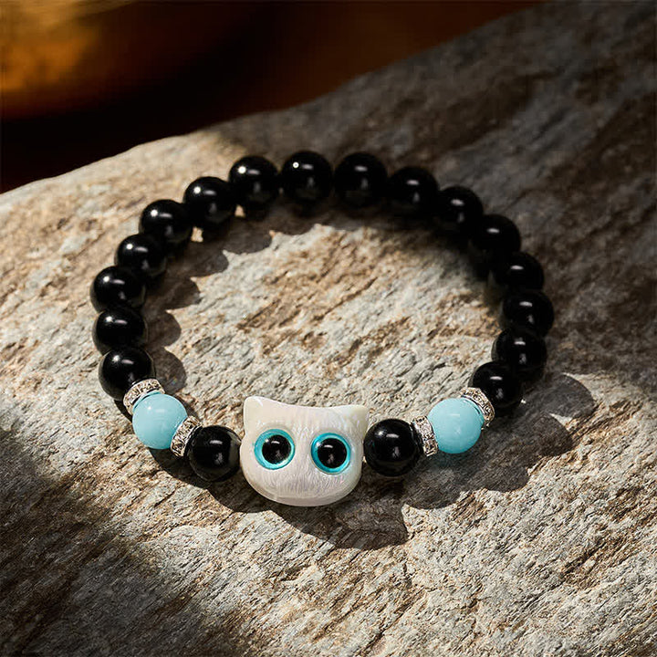 Buddha Stones Black Obsidian Cute Big Eye Cat Protection Beaded Bracelet - image 3